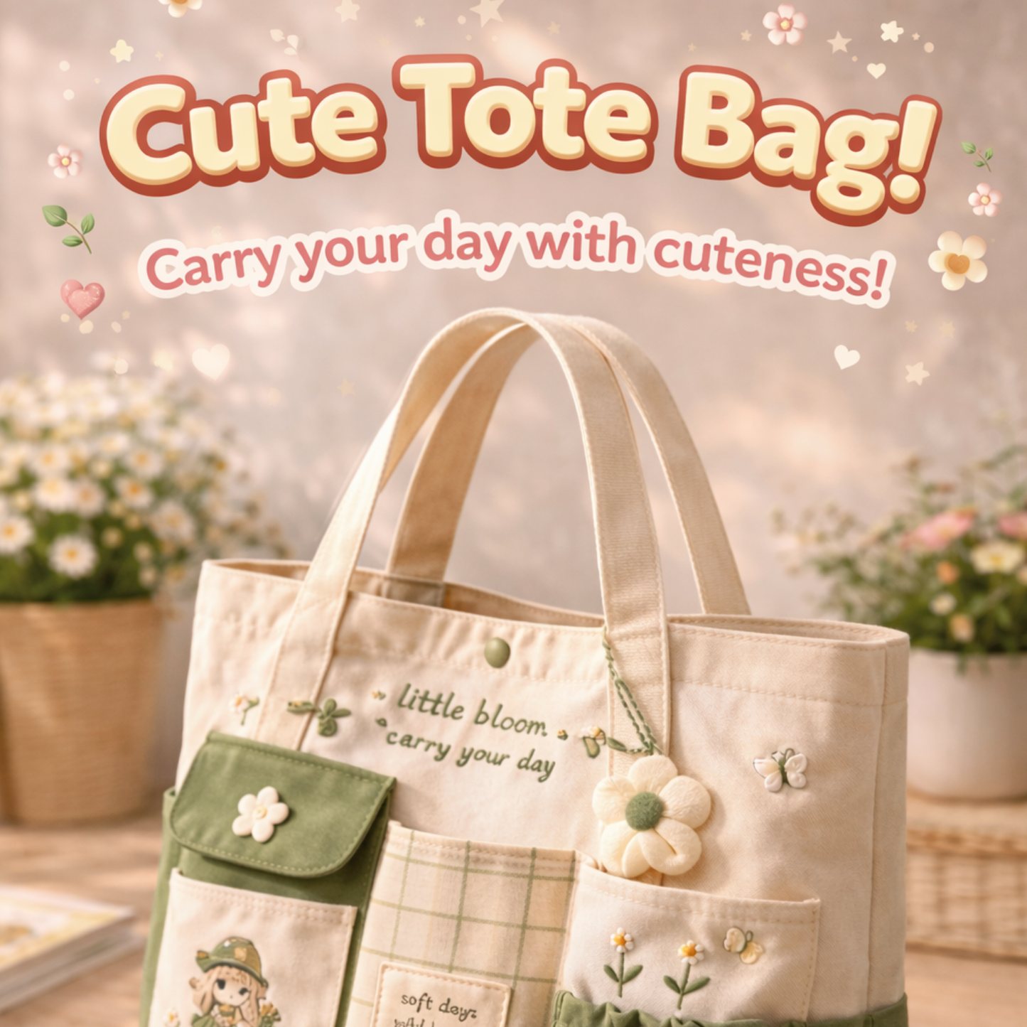 Matcha Aesthetic Multi-Pocket Canvas Tote Bag