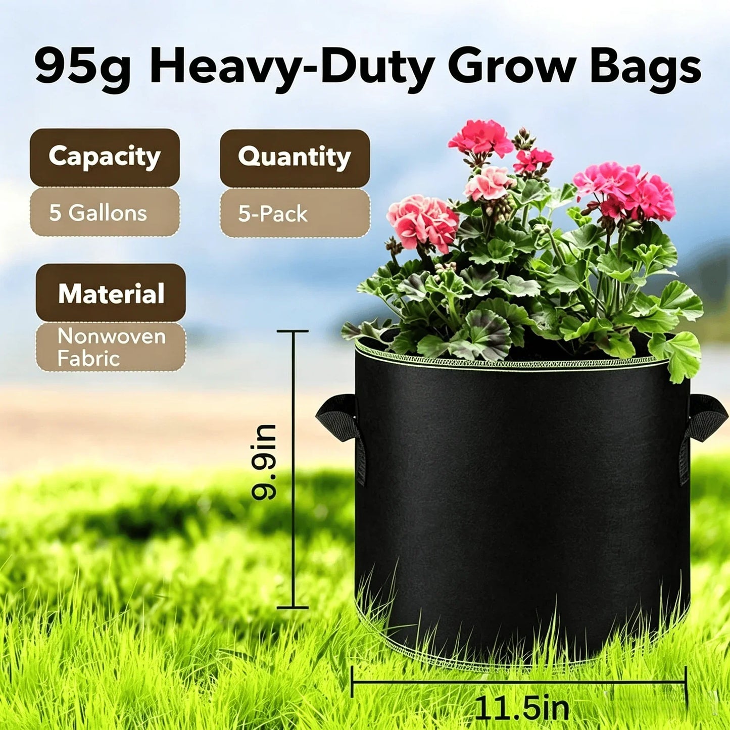 5-Pack 5 Gallon Grow Bags – Heavy Duty Aeration Fabric Pots with Handles for Vegetables, Flowers & Fruits.