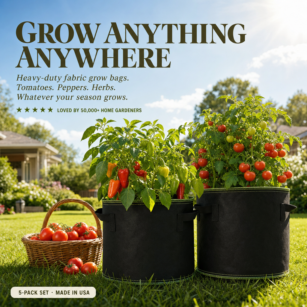 5-Pack 5 Gallon Grow Bags – Heavy Duty Aeration Fabric Pots with Handles for Vegetables, Flowers & Fruits.