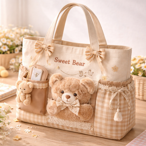 Sweet Bear Aesthetic Multi-Pocket Tote Bag