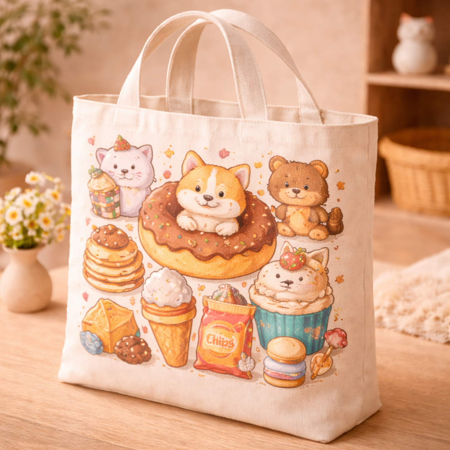 Kawaii Snack Animals Canvas Tote Bag