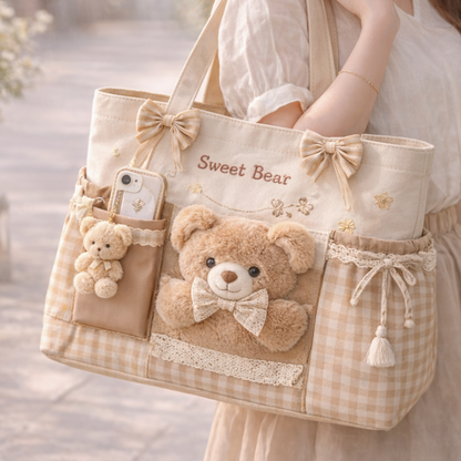 Sweet Bear Aesthetic Multi-Pocket Tote Bag