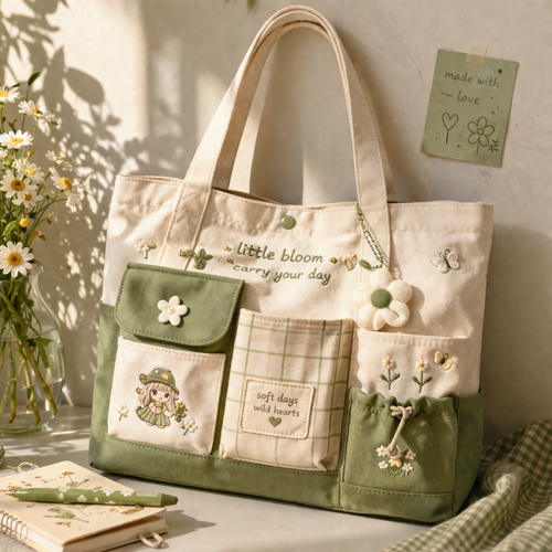 Matcha Aesthetic Multi-Pocket Canvas Tote Bag