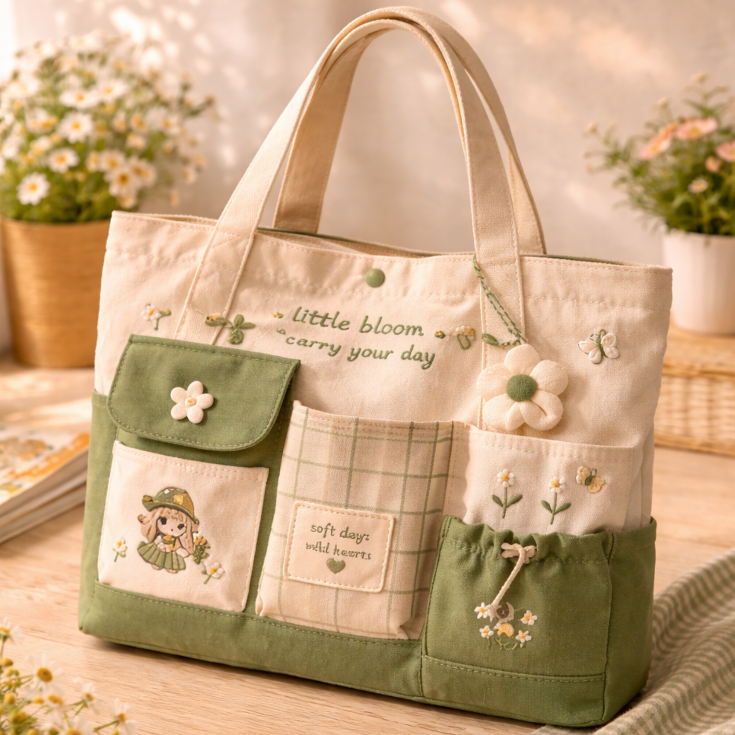Matcha Aesthetic Multi-Pocket Canvas Tote Bag