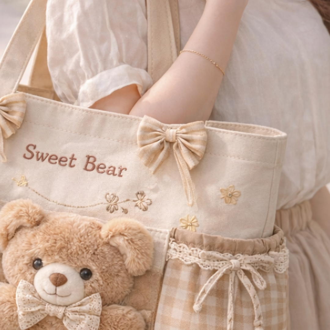 Sweet Bear Aesthetic Multi-Pocket Tote Bag