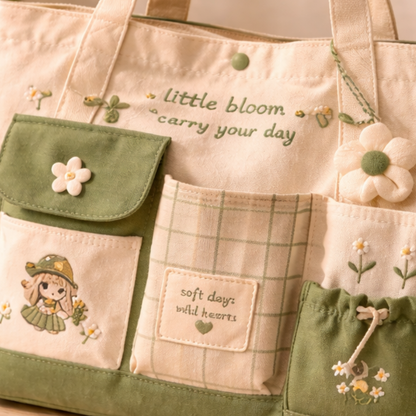 Matcha Aesthetic Multi-Pocket Canvas Tote Bag
