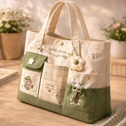 Matcha Aesthetic Multi-Pocket Canvas Tote Bag