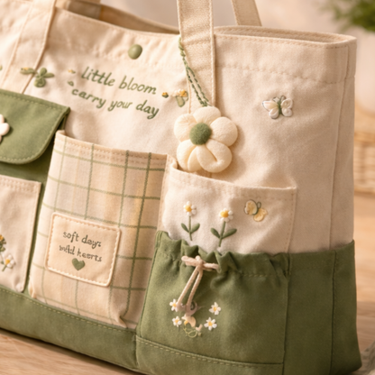 Matcha Aesthetic Multi-Pocket Canvas Tote Bag