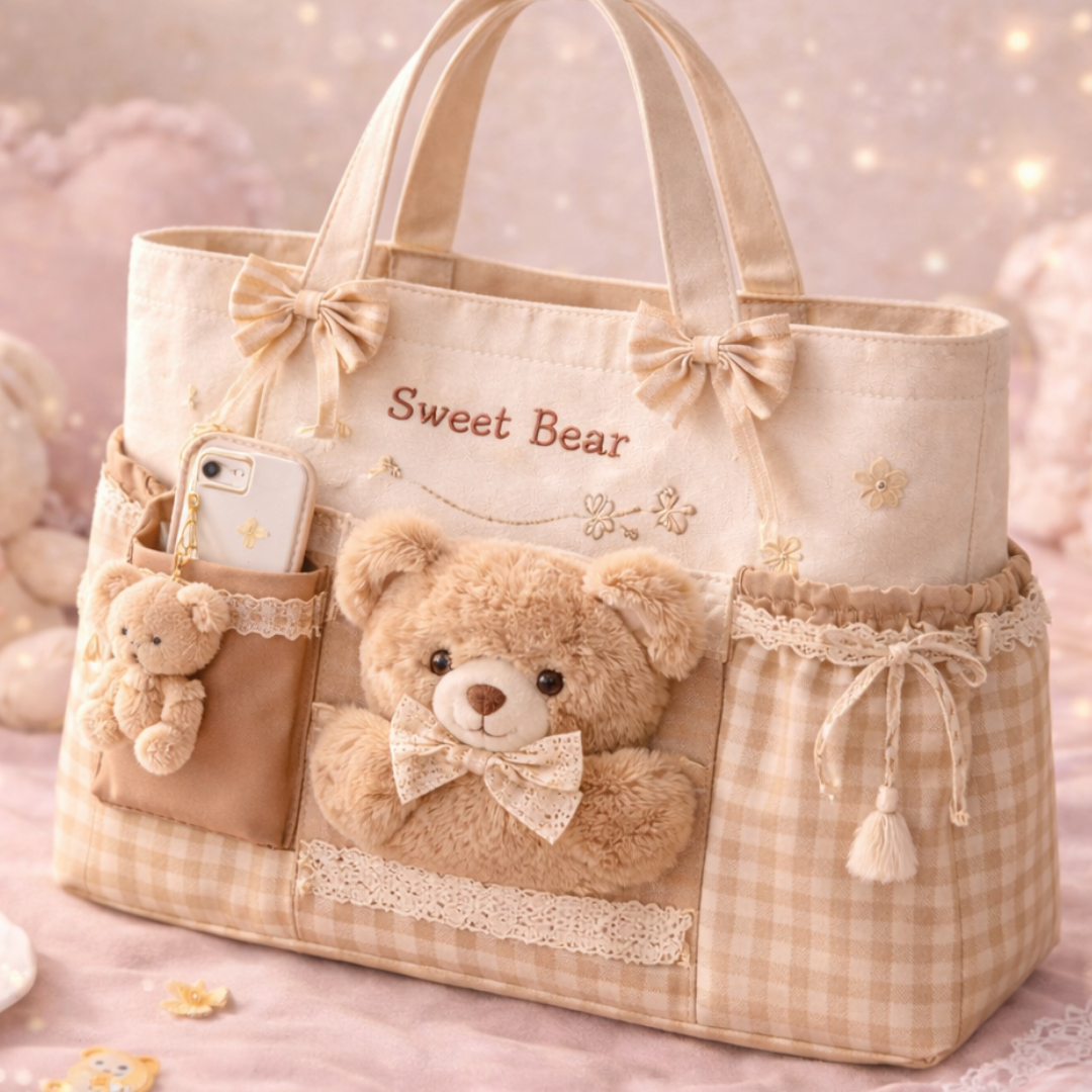 Sweet Bear Aesthetic Multi-Pocket Tote Bag