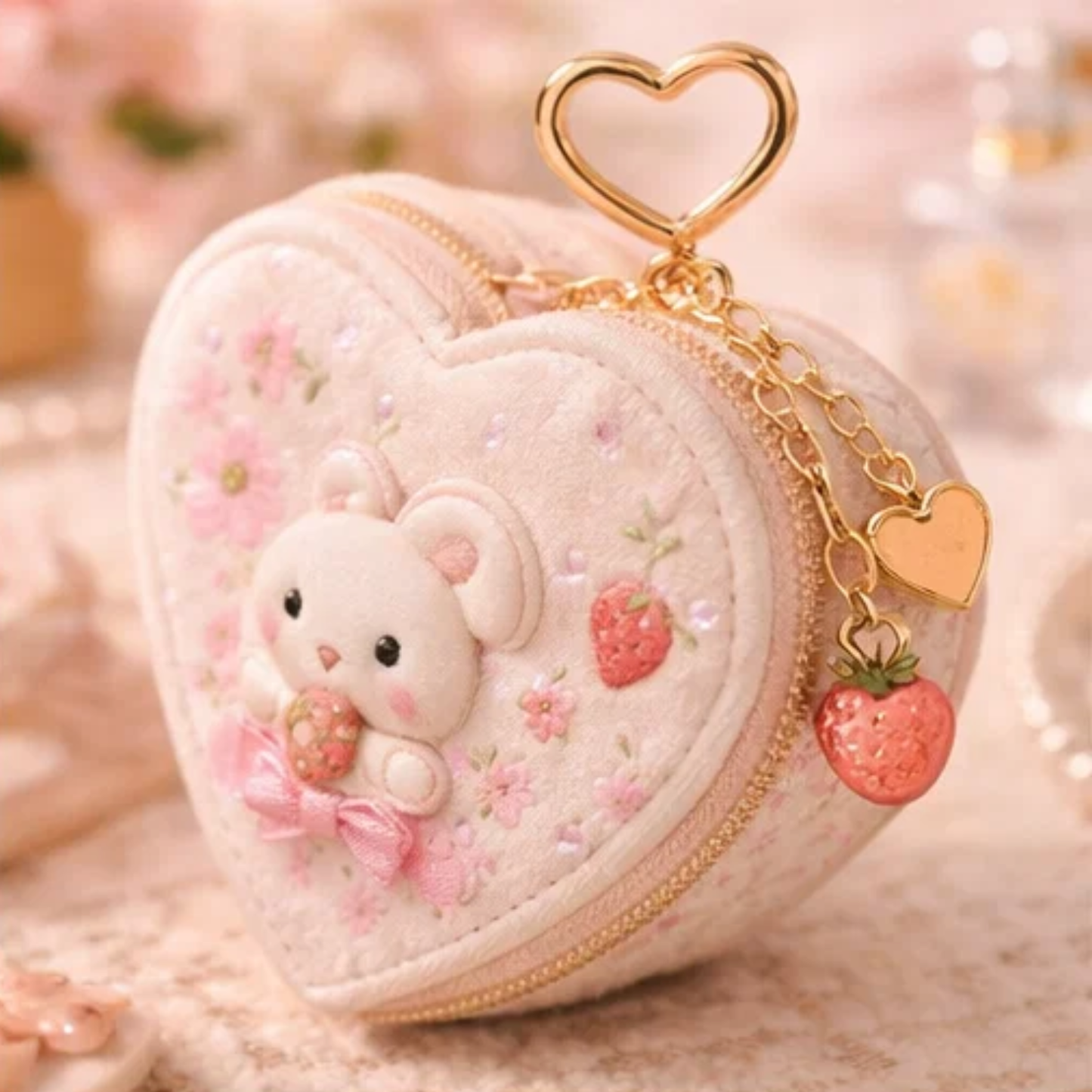 Strawberry Heart Mini Coin Pouch Keychain
