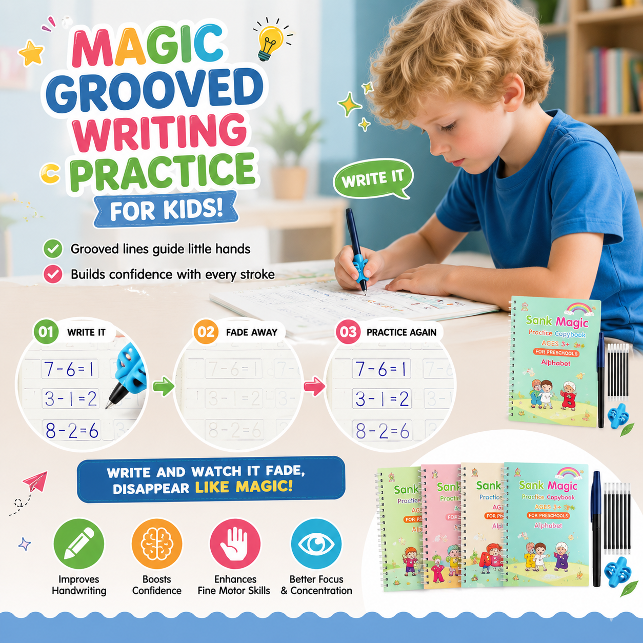 MagicBook | Kids Practice Copybook Set (4Pcs/Set)